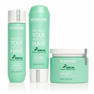 Розгладжуючий набір догляду для волосся Luxliss Nano Gel Hydra - Smooth шампунь, кондиціонер та маска