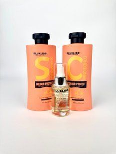 Набір догляду для захисту кольору фарбованого волосся Luxliss Color Protect шампунь, кондиціонер та спрей - блиск аргановий