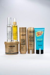 Кератиновий догляд для всіх типів волосся Luxliss Keratin Care: шампунь, кондиціонер, маска, сироватка, спрей-термозахист і помадка