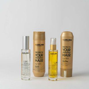 Кератиновий догляд для всіх типів волосся Luxliss Keratin Care, шампунь 250 мл + кондиціонер 200 мл + сироватка 50 мл + спрей 50 мл