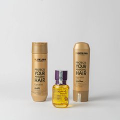Кератиновий догляд для всіх типів волосся Luxliss Keratin Care, шампунь 250 мл + кондиціонер 200 мл + сироватка  з олією марули 55 мл