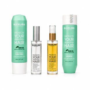 Розгладжуючий набір догляду для волосся Luxliss Nano Gel Hydra - Smooth шампунь, кондиціонер, спрей кератиновий, сироватка кератинова