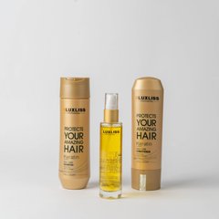 Кератиновий догляд для всіх типів волосся Luxliss Keratin Care, шампунь 250 мл + кондиціонер 250 мл + сироватка 50 мл